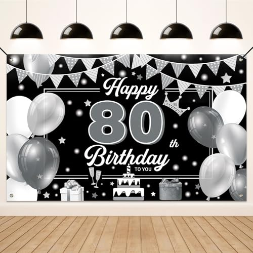 Koliphy 80° compleanno striscione 80° compleanno decorazione per uomo donna Happy Birthday striscione in tessuto decorativo festone compleanno sfondo festa decorazione per interni ed esterni (argento