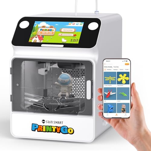 SainSmart PrintyGo Mini 3D Printer for Kids, 600mm/s Auto Leveling Printer for Beginners with 5 Touch Screen, 1500+ Models, Child-Safe Design, Wi-Fi/App Control, Pre-Assembled for STEM Learning Gift