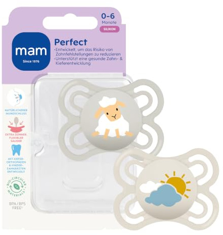 MAM Perfect Schnuller, 0-6 Monate, Schaf/Sonne, 2 Stück | Beugt Zahnfehlstellungen vor, SkinSoft Silikon, hautfreundlich dank großer Luftlöcher, inkl. Sterilisier- & Transportbox
