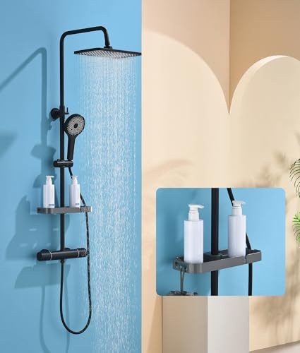 Süßren Thermostatic Shower Mixer Set,38°C Thermostatic Shower System with Rainfall Shower Head,3-Mode Handheld Shower,Shower Shelf Caddy Adjustable Height Stainless Steel Shower Set (Black)