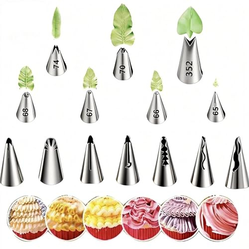 Aiyraa 14-Piece Piping Nozzles: 7 Ruffle Pipping Tips + 7 Leaf Piping Tips, Stainless Steel Cake Piping Kit for Cake Decorating, Mini Russian Piping Tips, Piping Set for Baking