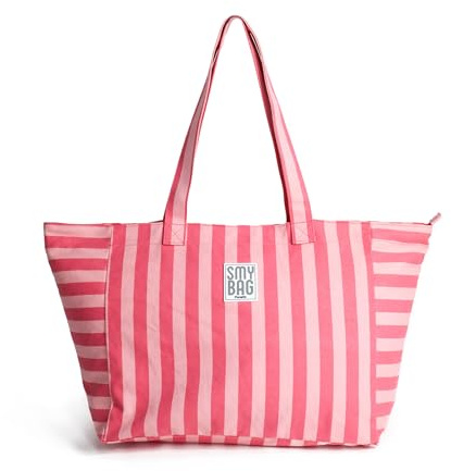 Ponette - Bolsa de Playa Mujer Menorca Grande – Bolso Playa a Rayas con Cremallera – Shopper Verano Amplio y Resistente – Bolsa Piscina, Viaje y Gimnasio – 64x35x23,5 cm – Marca Española (Rosa)