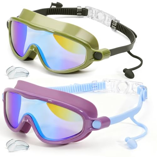 Bluesmile Gafas de natación para niños, paquete de 2 gafas de natación antivaho y UV para niños y niñas de 3 a 14 años (verde y morado)