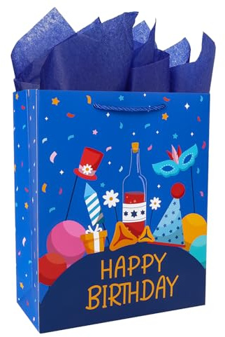 Ssyuysto große Geburtstags-Geschenktüte mit Seidenpapier-Geschenkanhänger, 33 cm, Party-Geschenktüte mit königsblauen Seilgriffen für Damen, Herren, Teenager, Kinder, HBD-Geschenkverpackung, große