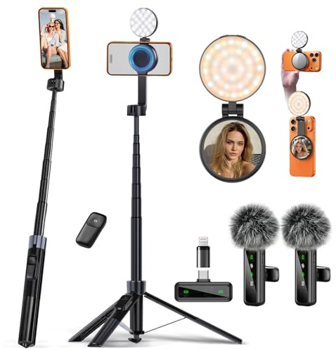 yAyusi 3-in-1 Magnetisches Vlogging-Kit, Influencer Zubehör, Magnetisches Stativ/Mikrofon/Fernbedienung, 180 cm Selfie-Stick mit Licht – das perfekte Starter-Kit für YouTube-Content-Creator