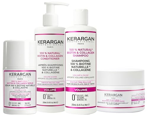KERARGAN - Routine Biotine Collagène 4 Soins Volume - 3x250ml+50ml | Shampoing, après-shampoing, masque et sérum, routine complète pour apporter volume, force et brillance