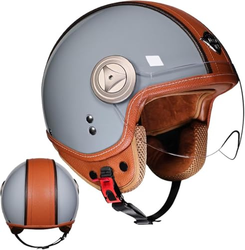 Caimcie Casco Jet Vintage de Cuero con Visera, homologado por ECE/Dot. Casco de Scooter Unisex para Hombre y Mujer. A,L=59-60cm