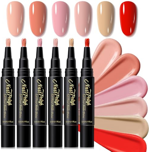 6PCS Nagellack Schnelltrocknend - Nagellackstift Schnelltrocknend Wasserbasis Nude Rot Rosa - Nail Arts Pen Ohne UV Lampe