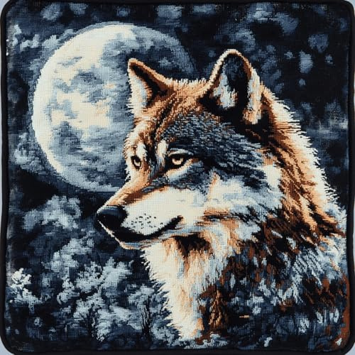 Kit Point Noué Coussin Loup de la Nuit Étoilée avec Crochet de Verrouillage - Tapis Point Noué à Faire - Kit Broderie DIY 43x43 cm