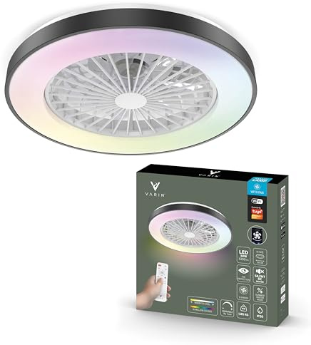 Varin® Ventilateur Plafond avec Lumiere, Ø 50 cm - Noir/Blanc | Intelligent, Plafonnier Ventilateur Silencieux pour Chambre, Tuya Wi-Fi, LED 30W RGBW, Télécommande, 3000K à 6000K