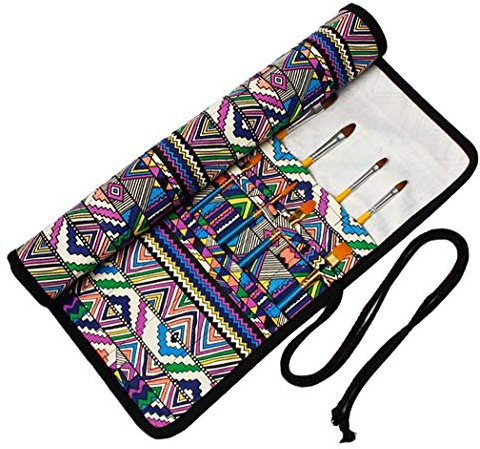 Amoyie Paintbrush Roll Up Case, Artist Brush Holder, Art Pen Carrier Purple | Stripes, 20 Slots for 40 Brushes, Canvas Storage Bag for Acrylic, Oil, Watercolour Paintbrush, Foldable Pouch, Outdoor Sketch