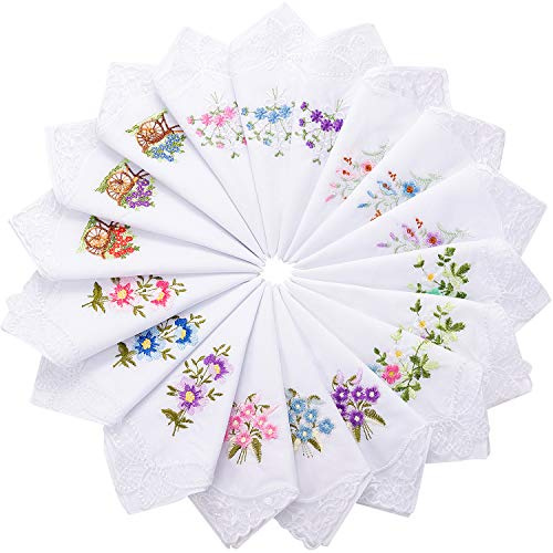 Geyoga 18 Pieces Ladies Cotton Handkerchiefs Flower Embroidered with Lace Colored Embroidered Handkerchiefs for Women Mother(Classic Styles)