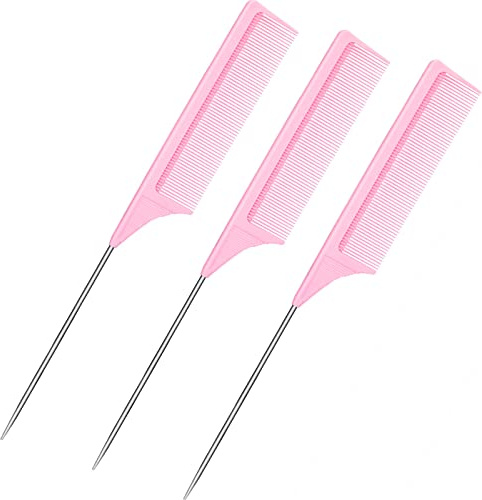3 Packs 9 Inch Rat Tail Comb Carbon Fiber Heat Resistant Teasing Comb with Metal Pick Styling Parting Lightweight Sectioning Fine Tooth Combs for Women Girls