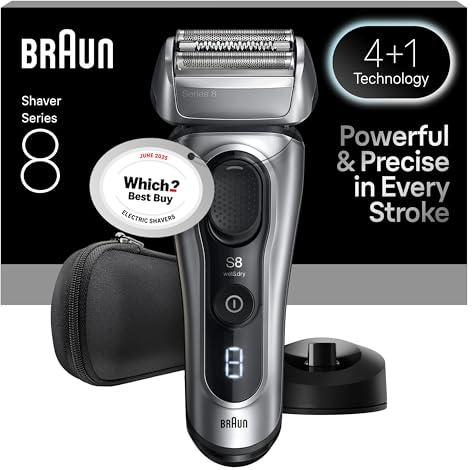 Braun Series 8 Elektrorasierer Herren, 4+1 Präzisionskopf und Trimmer, SensoAdapt für jede Bartdichte, Rasierapparat mit 60 Min. Akku, Ladeständer, Nass- und Trockenrasierer – 8617s, Silber