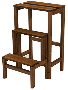 TOMAINO - Scaletta 3 Gradini Ribaltabile In Legno GIULIETTA - Scaletta Pieghevole con Sgabello Richiudibile per Casa, Ufficio - Scala 3 Gradini Salvaspazio - Noce