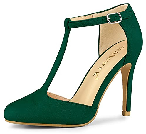 Allegra K Women's Rounded Toe Stiletto Heel T-Strap Dress Pumps Green