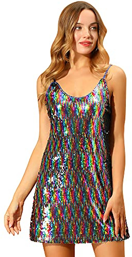 Allegra K Women's Party Glitter Dress Adjustable Strap Mini Sparkly Sequin Dresses