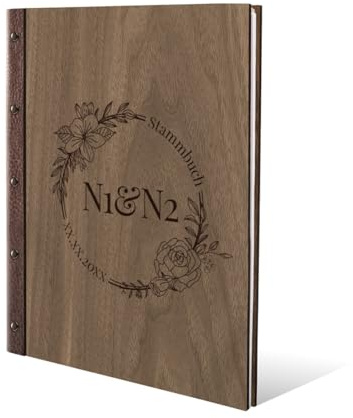 Stammbuch Gravur individuell Nussbaum Holz Cover mit Echtleder Rücken inkl. vorgedruckte Seiten und Klarsichthüllen DIN A4 (240 x 310 mm) - Blumen Initialen
