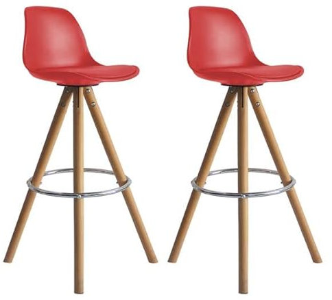 Happy Garden Juego de 2 taburetes Rojos escandinavos Tobias con cojín. Taburete de Bar con Respaldo y reposapiés. Silla de Cocina de Estilo escandinavo con Patas de Madera de Haya Maciza.