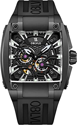 OBLVLO Orologi automatici super luminosi da uomo orologio di lusso sportivo quadrato scheletro meccanico cinturino in gomma orologi GM, GM-BBBB, Meccanico