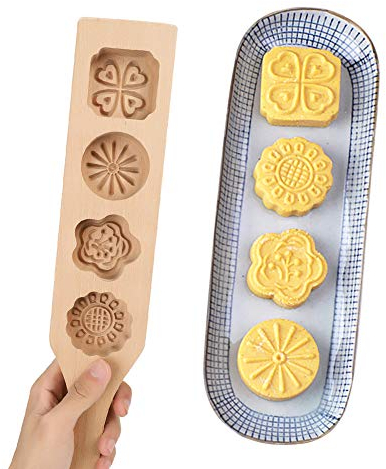 Wooden Mooncake Mold, 4 Flower Pattern DIY Moon Cake Press Carved Baking Cookie Mold for Biscuit Chocolate Ice Candy Cake Shop Dessert Shop Kitchen Home Tools