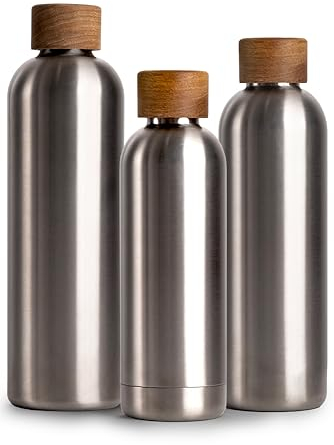 T&N Edelstahl Trinkflasche 500ml, Thermosflasche 0.5l mit Akazienholz Deckel, Isolierte Wasserflasche auslaufsicher bei Kohlensäure, Isolierflasche 500 ml - Silver