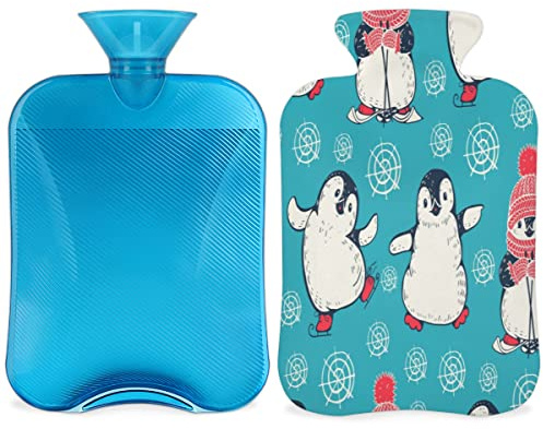 Wärmflasche mit Pinguin-Cartoon-Muster, mit flauschigem Bezug, 2 l großes Fassungsvermögen, Wärmflasche für gemütliche Nächte, lindert Schmerzen, Rücken, Nacken und Schultern