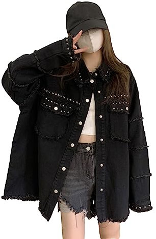 Damen-Jeansjacke Mit Nieten, Schwarz, Volle Ärmel, Lockerer Knopf, Kurzes Revers, Wilder Freizeitmantel Black L