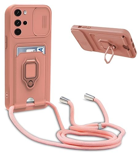BGHHEU Funda Silicona con Cuerda para Motorola Moto G22,Case con Ranura para Tarjetas,Cubierta de Cámara Deslizante Proteger,Ajustable Collar de Cuello Cadena con Anillo Soporte,Pink