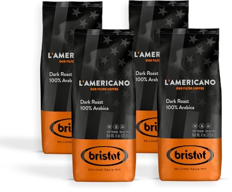 Bristot: L’Americano Dark Roast - Miscela Per Caffè Americano Dal Brasile e Centro America. Con Note Di Cioccolato Fondente, Fave Di Cacao E Pane Tostato - 4 confezione da 226gr (904gr)