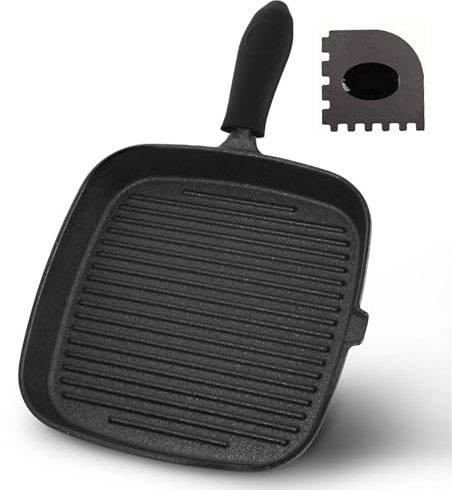 rincentd Square Cast Iron Grill Pan, with Silicone Handles+Pan Scraper Tool, Stove Top Grill Pan Perfect for Meats Steak Fish and Vegetables, 10 Inch Steak Pan -Black