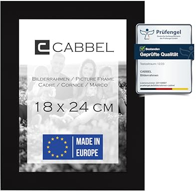 CABBEL Cornice 18x24 cm, Nero, robusta cornice in legno MDF, vetro Plexi infrangibile, da appendere e da