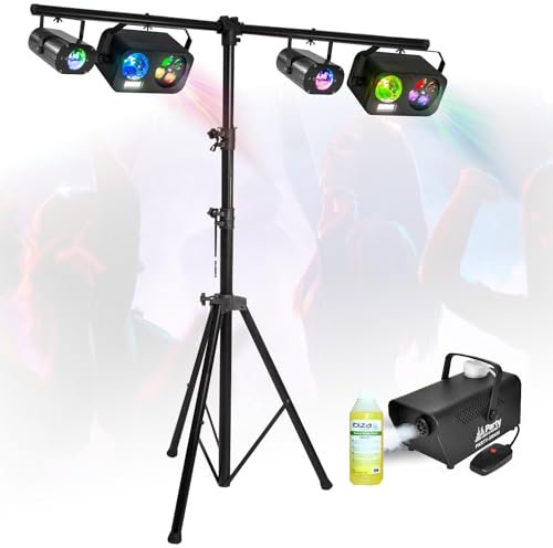 Ibiza - Pack Pied Portique Lumière PARTY LIGHT & SOUND 4 Jeux Lumières Gobos Strobe Astro Machine Fumée 400W Liquide 1L Dj Fête Sono