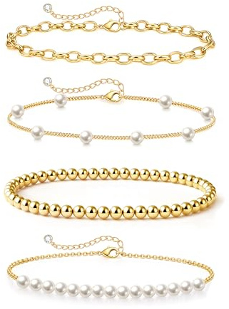 Zeffy Pearl Bracelets for Women, Gold Pearl Beaded Stackable Bracelets Charm Dainty Pearl Bracelet Stack Paperclip Link Chain Layered Bracelet Trendy Gold Bridesmaid Jewelry Set for Women
