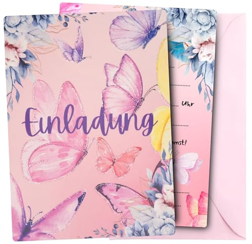 12x EINLADUNGSKARTEN inkl. rosa Umschlägen für Mädchen Kindergeburtstag - süßes GLITZER & PASTELL Karten Set mit SCHMETTERLING Motiv