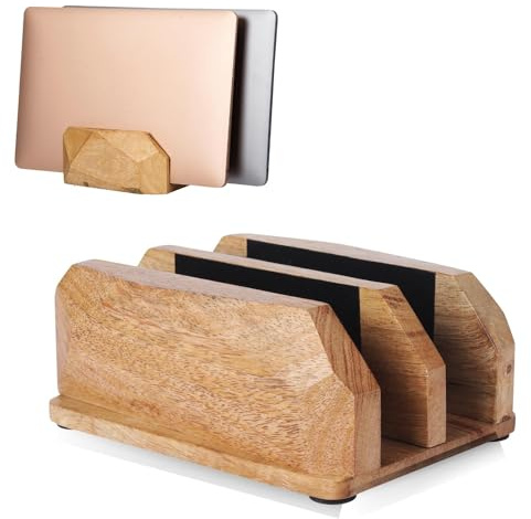 DnU Avenue Width Adjustable Vertical Laptop Stand for Desk, Laptop Holder to Dock MacBook, MacBook Pro and Other Laptops, Versatile Vertical Laptop Docking Solutions - Mango Wood