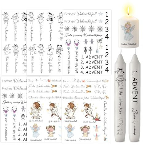 ALLAVA 6 Stück Kerzentattoos Weihnachten, Kerzen Tattoos A5, Wasserschiebefolie Rub on Sticker, Kerzensticker Kerzenfolie für Kerzen oder Keramik Bogen DIY Stickerbogen (Weihnachten D)