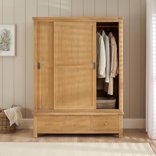 The Furniture Market | Marbury Oak | Large Sliding Double Wardrobe | Solid Wood with Drawers | Triple Wardrobe Size | Country Style | Adjustable Rail | H 1910mm x W 1460mm x D 570mm