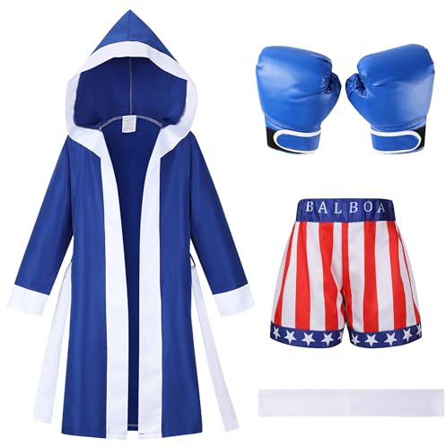 Kosgraiy Boxing Costumes Kids with Glove Robe Shorts,Halloween Boys Boxer Suit,American Boxing Robe,USA Shorts Kids,Boy Boxer Outfit,M