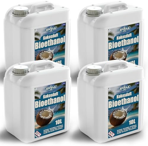 Bioethanol 96,6% 20L | Bio Alkohol Kokosnussduft 96,6% 4x10L | Bioethanol für Kamin, Tischkamin, Bioethanol Kamin | Bioethanol Kokosnussduft | Saubere Verbrennung, ohne Rauch, lebendige Flamme