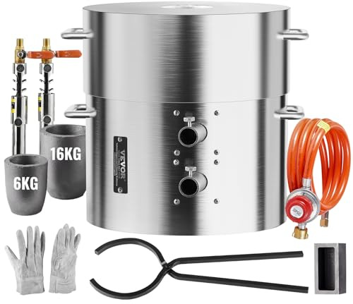 VEVOR Set forno a fusione propano, 16 kg, a gas, in metallo, a doppio bruciatore, fonderia, forno a casa con crogioli e pinze, strumento di fusione per oro, argento, rame, alluminio, riciclaggio dei