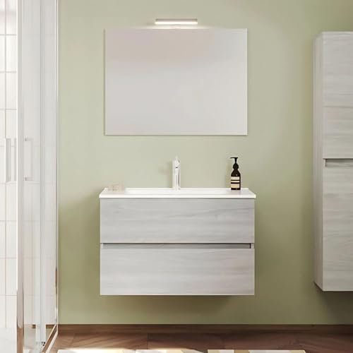 SAVINI DUE Mobile bagno sospeso con specchiera e lavabo integrato modello easy 80cm composizione completa (Rovere Grigio)