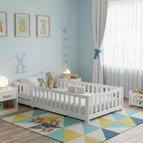 RXMORI Kinderbett Bodenbett 90x200 cm mit Rausfallschutz und Lattenrost, Montessori Bett Bed Gitterbett Kinder Jugendbett Einzelbett aus Kiefer Massivholz, weiß lackiert, Bed