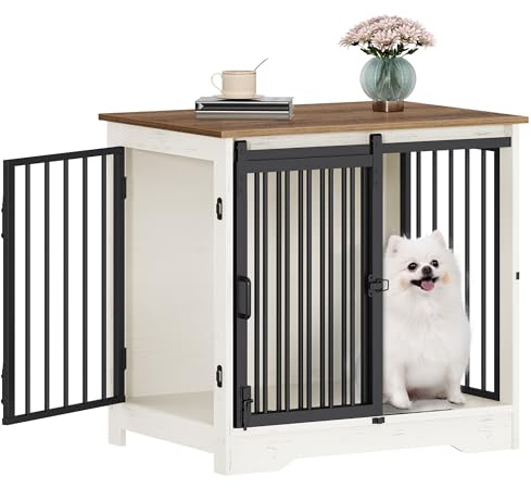 Hzuaneri 69 cm Cage pour Chiens, Table d’Appoint, Niche Moderne pour Chiens, Cage pour Chiots, Maisonnette pour Animaux, 2 Portes, 69 × 49 × 64,5 cm, Blanc et Marron DFC84314B