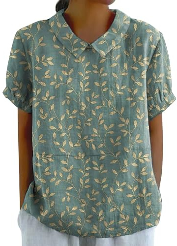 Qixiu Camiseta Holgada con Botones y Cuello Floral con Solapa Lino para Mujer Camiseta Manga Larga Mujer Pack
