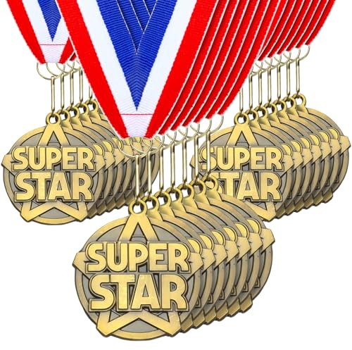 Quelay 30 Pcs 2'' Gold Awards Medals Bulk Winner Medals with Neck Ribbons Encourage Team Participation for Adults Trophy Award Prize Gift Competitions Graduation Party(Super Star)