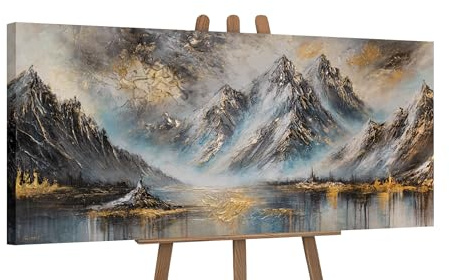 YS-Art Quadro Montagne Innevate con Riflesso sul Lago – Dipinto Acrilico Paesaggio Naturale per Ufficio o Casa 115x50 cm