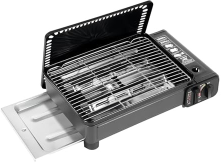 OUKANING Liten Gasgrill Gasspis med Transportväska Campingspis med Grillplatta, Grillrost, Bärbar Camping Gasgrill med Piezotändning, Bordsgrill Butangas för Utomhus, inomhus, Balkong