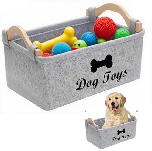 Bodeshis Dog Toy Box, Large Dog Toy Storage Basket with Sturdy Handles, Organize Pet Toys and Accessories, Perfect for Home and Travel, 38 x 28 x 18 cm, Grey