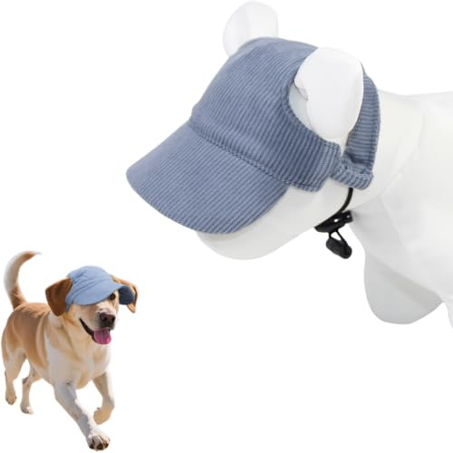 CUVZORA Hunde Baseballmütze, Verstellbarer Sonnenhut aus Cord mit breitem Schirm & Ohrlöchern, atmungsaktiver UV-Schutz für kleine Hunde (Blau)